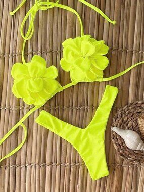 Yellow Casual Elegant Women's Bright Floral Beach Party Halter Bikini Set